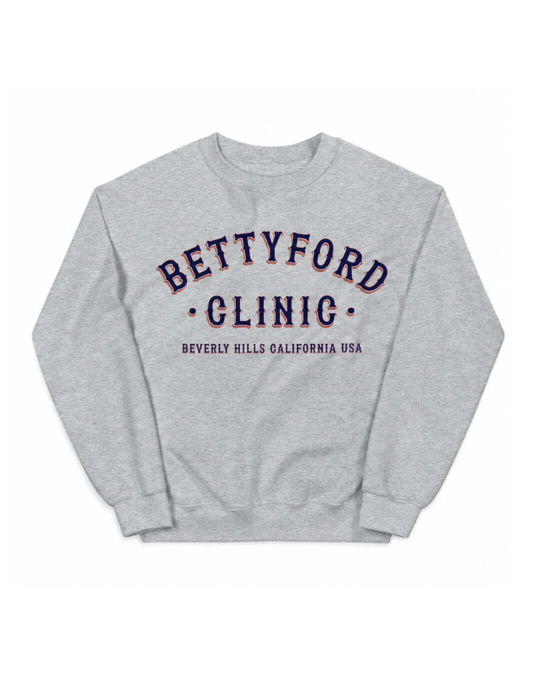 Betty Ford Clinic Soft Sweater in Sport Grey, front view with navy, white and muted red varsity graphic.