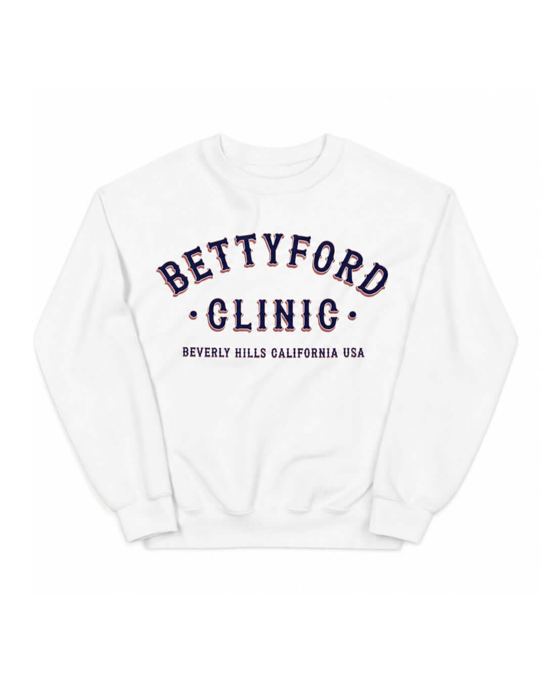Betty Ford Clinic Soft Sweater in White, front view with retro red, white and navy varsity graphic.
