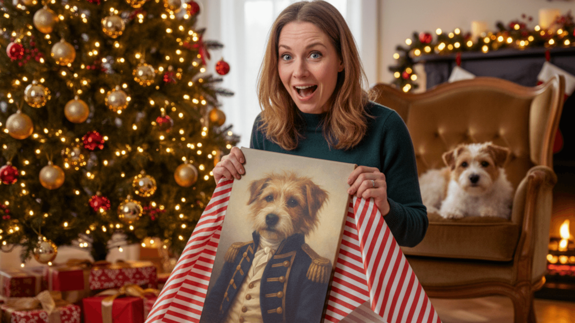 Happy woman unveils a portrait of her dog by a Christmas tree, with festive decorations and gifts around.