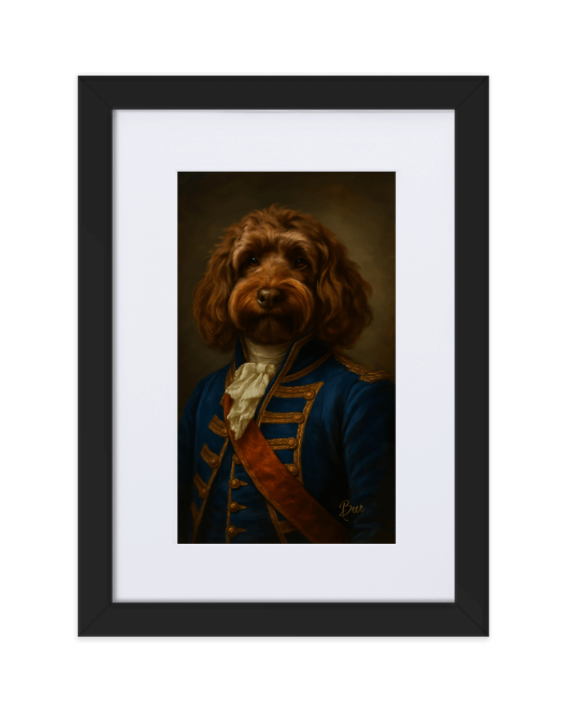 A regal dog portrait featuring a brown dog in an elegant blue coat and historical attire, framed elegantly.