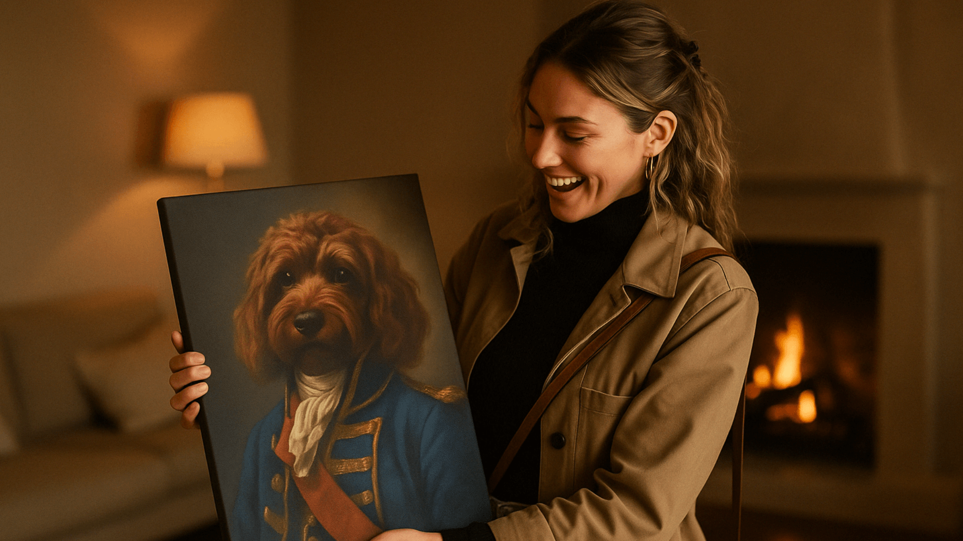 Woman joyfully holding a painting of a dog in a blue coat, capturing a cozy indoor ambiance.