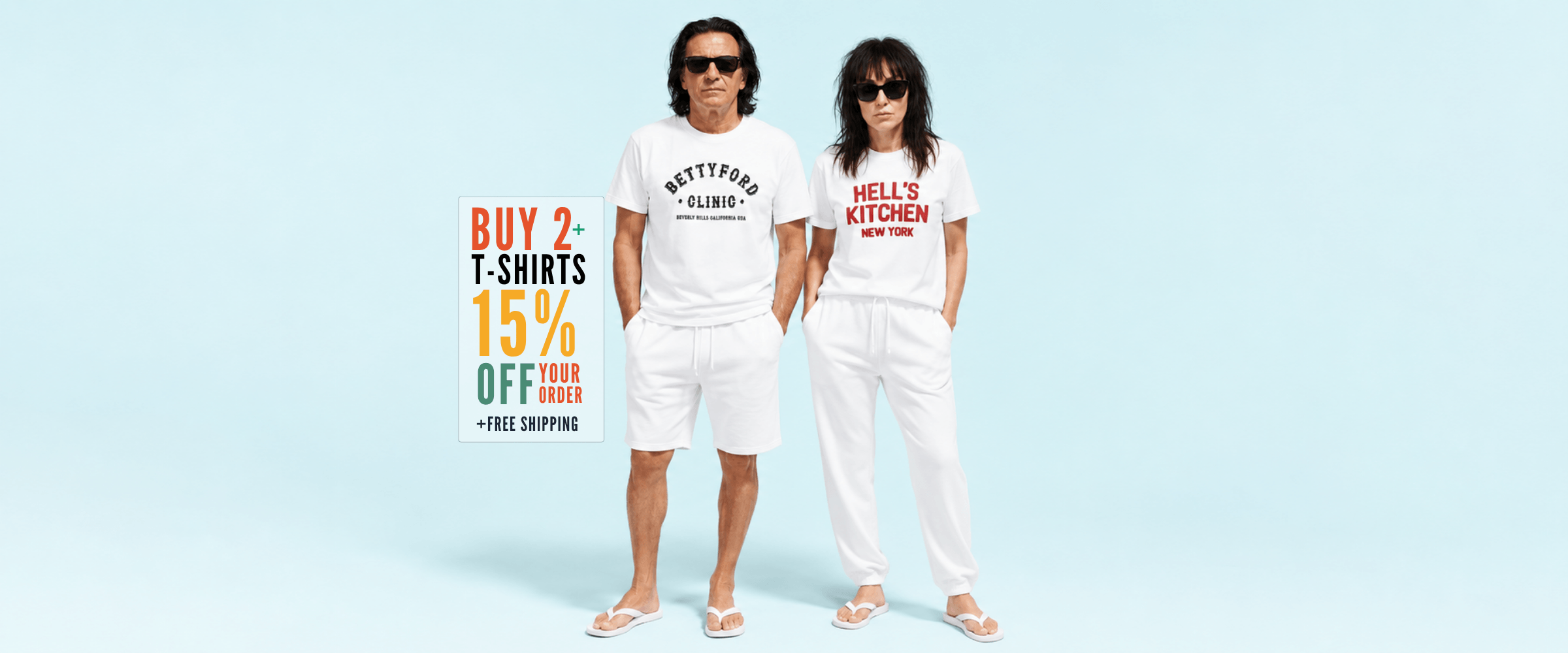Two models displaying Walter and Hell's Kitchen t-shirts on a blue background with a sales promotion for 15% off.