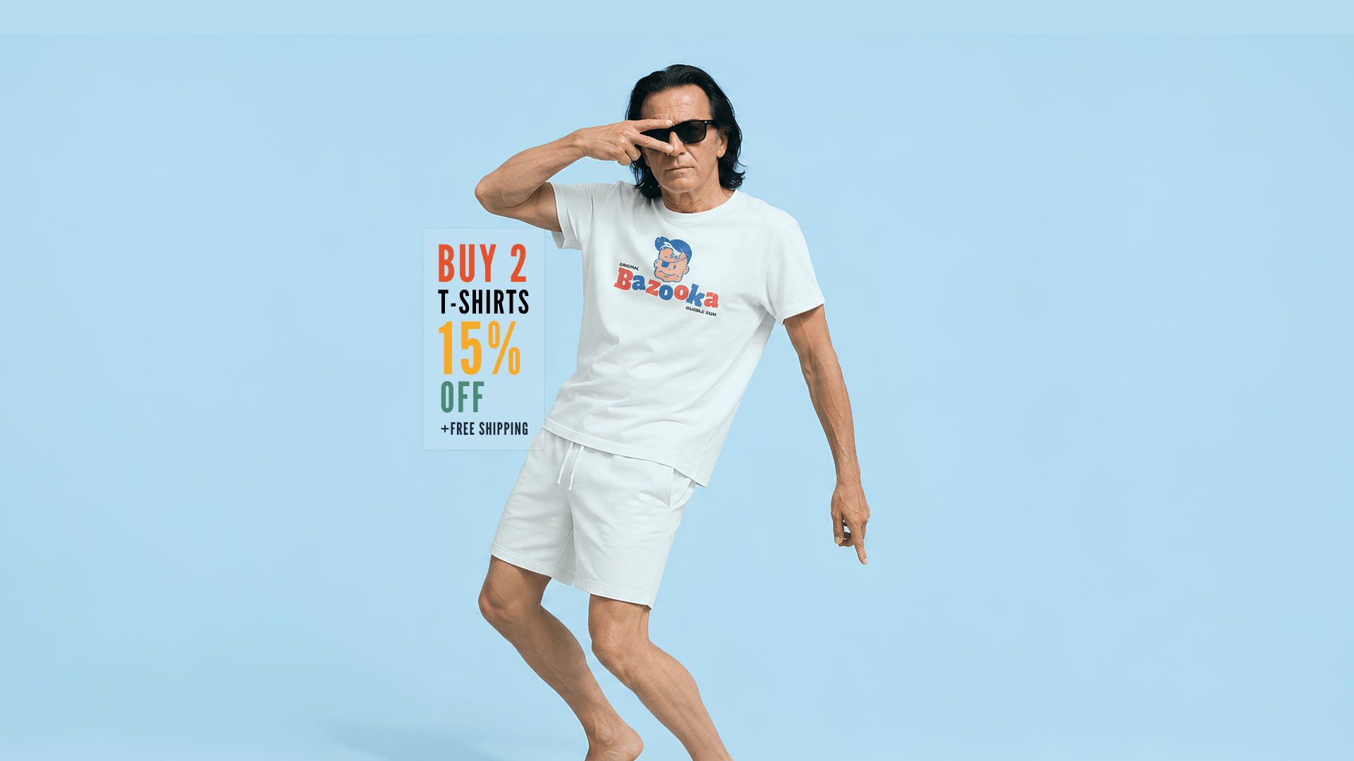Man posing in casual white outfit with text promoting 15% off on buy 2 t-shirts from Bazooka. Bright blue background.