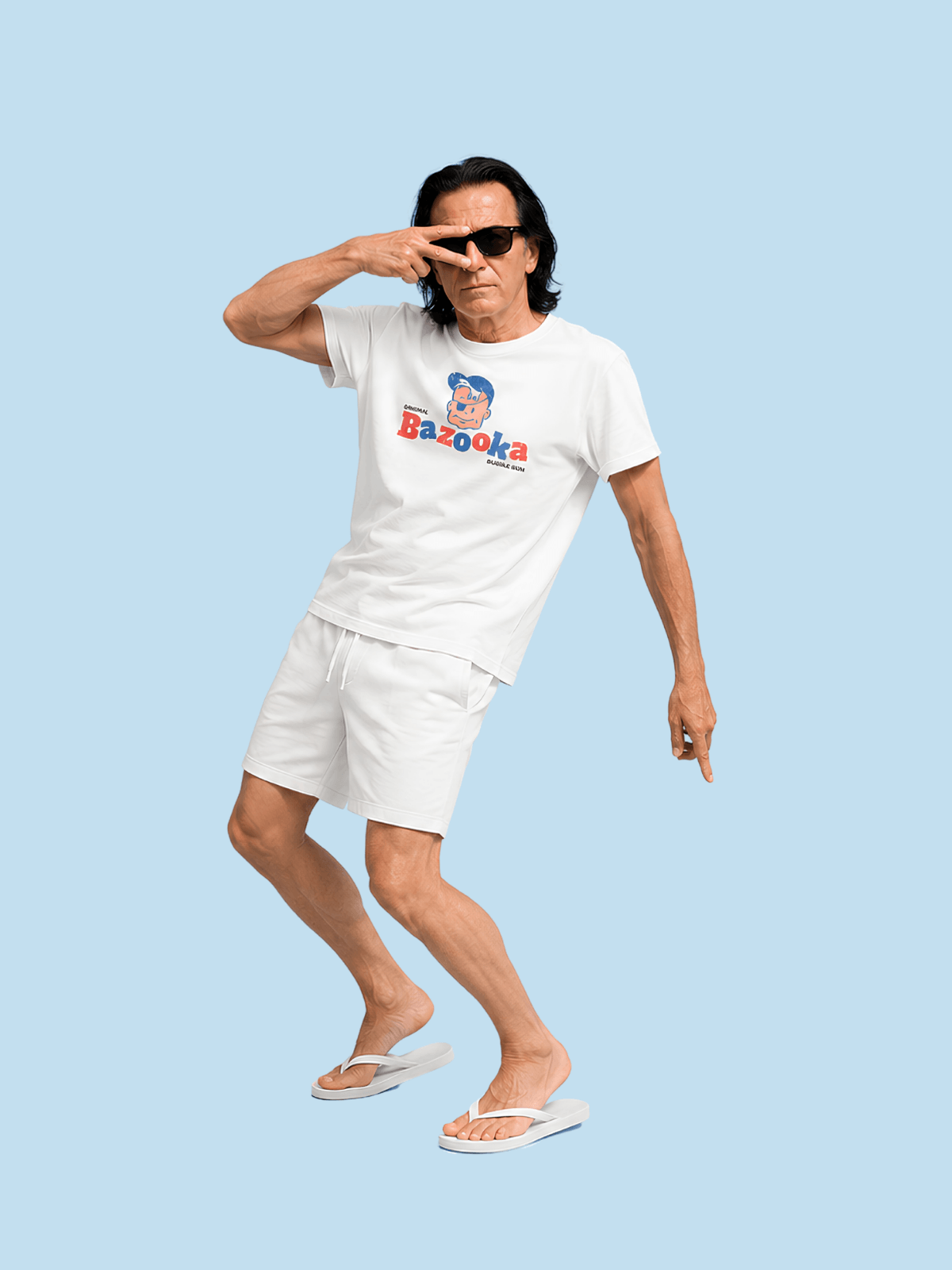 Walter wearing the Bazooka Joe T-Shirt in White on a light blue background.