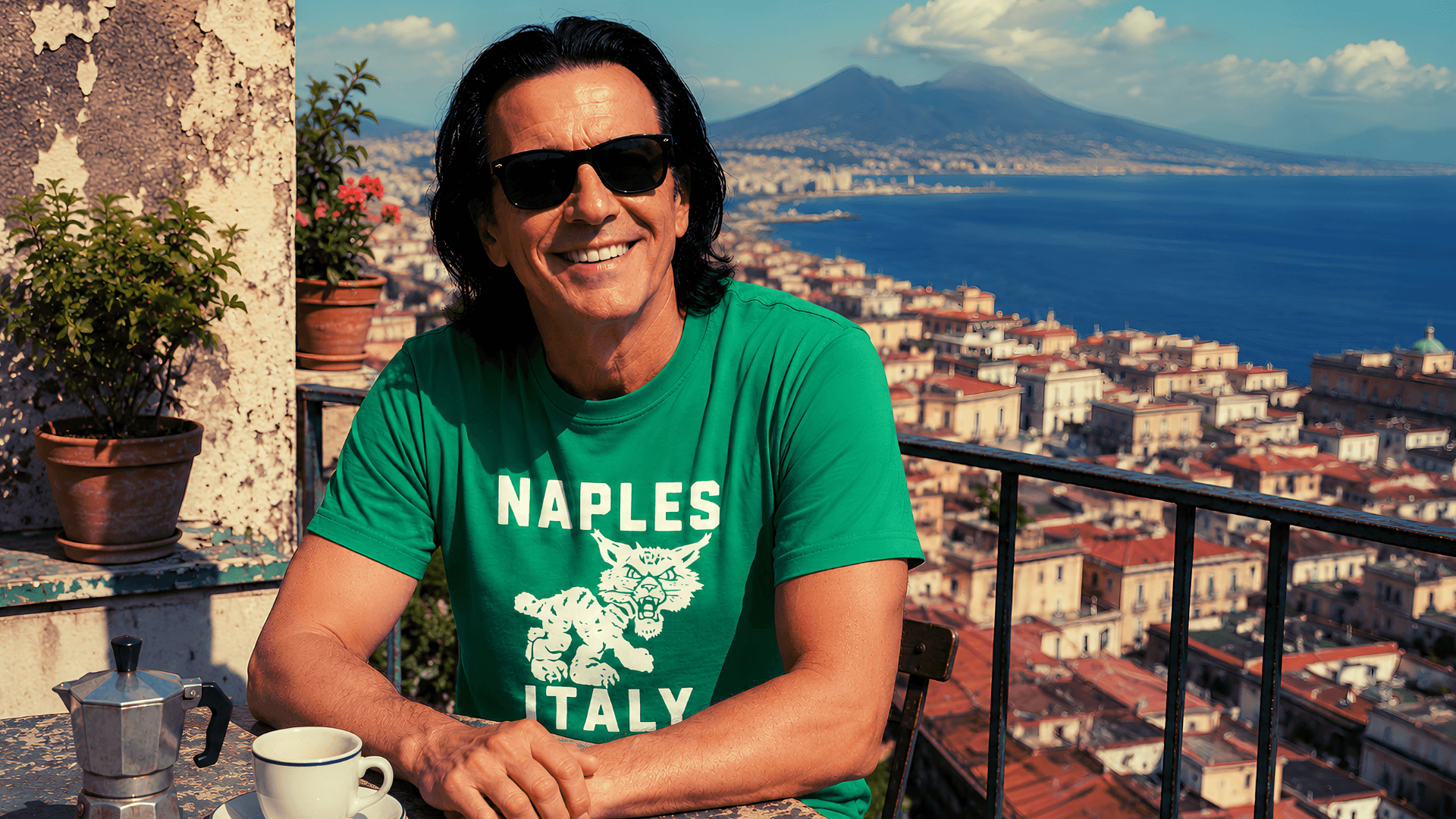 Smiling man in sunglasses wearing a green Naples Italy t-shirt, enjoying coffee with a view of Naples and Mount Vesuvius.