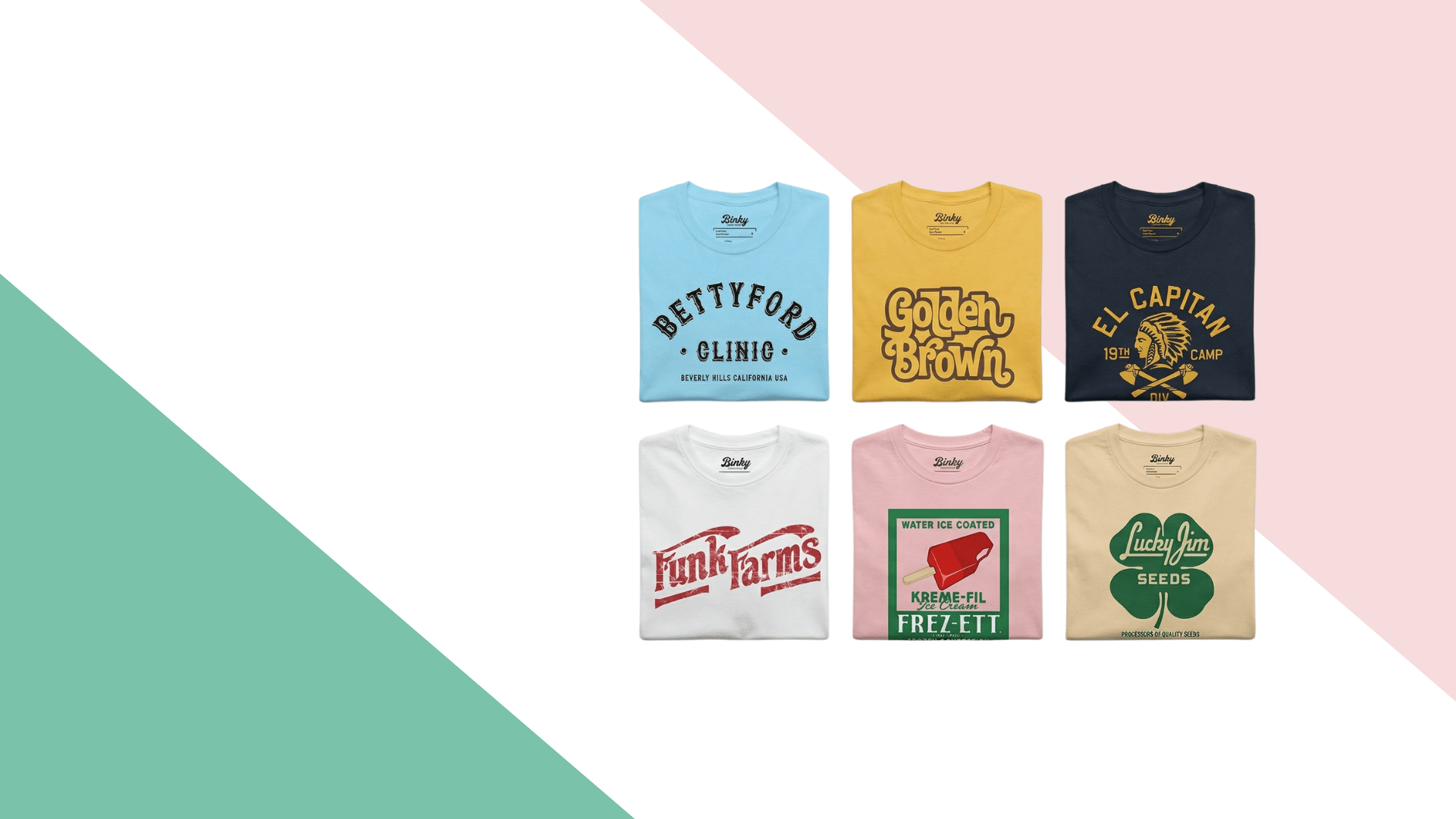 Binky Comfywear retro t-shirts in a variety of colors and designs, showcasing playful graphics and vintage styling.