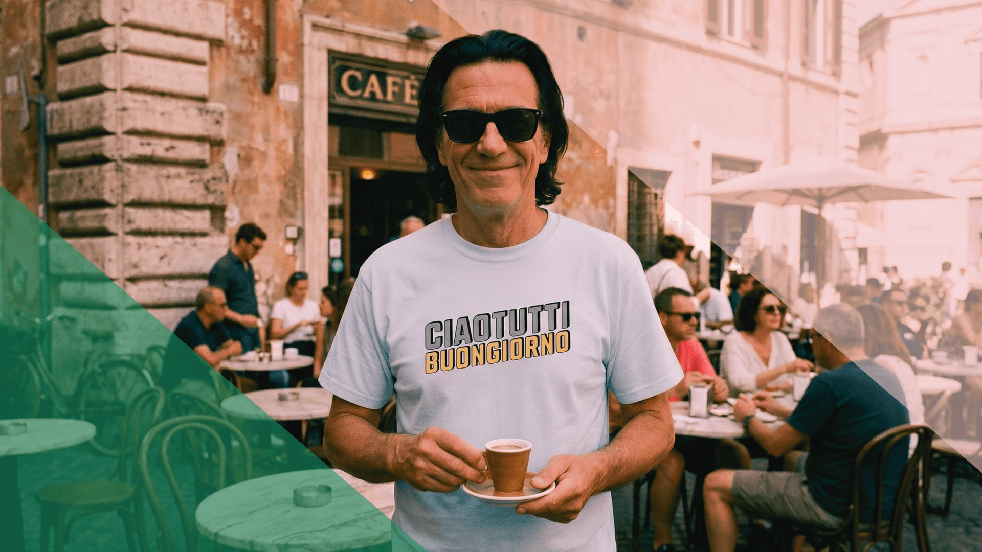 Man enjoying coffee in Rome wearing a Ciao Tutti Buongiorno T-shirt from binky comfywear.