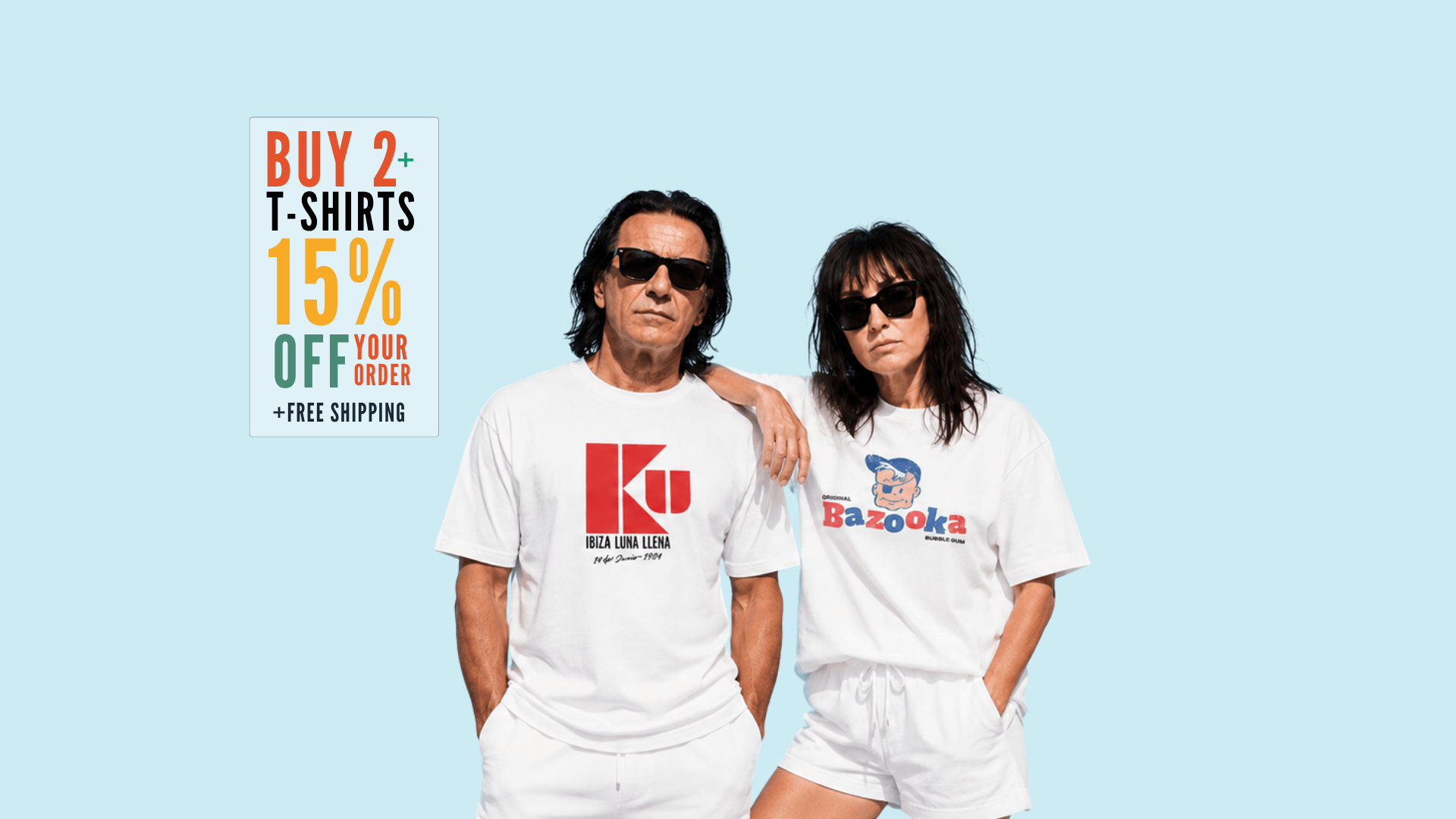 Two models wearing binky comfywear t-shirts from the 2026 collection, promoting a buy 2 get 15% off offer.