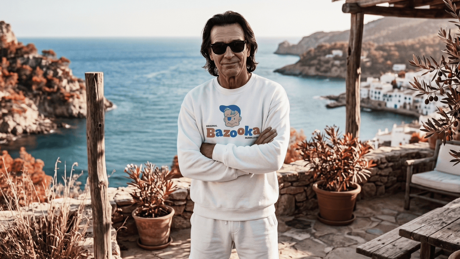 Man in sunglasses wearing a 'Bazooka' sweater, standing by the seaside with a scenic view.