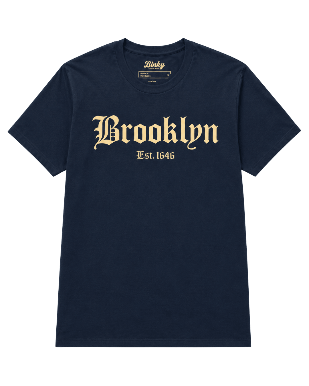 Brooklyn Est. 1646 T-Shirt | Dutch Roots Gothic in navy blue with vintage font design