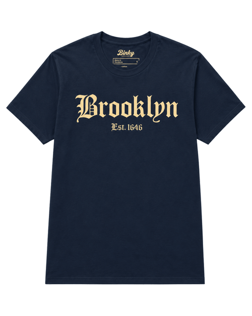 Brooklyn Est. 1646 T-Shirt | Dutch Roots Gothic in navy blue with vintage font design