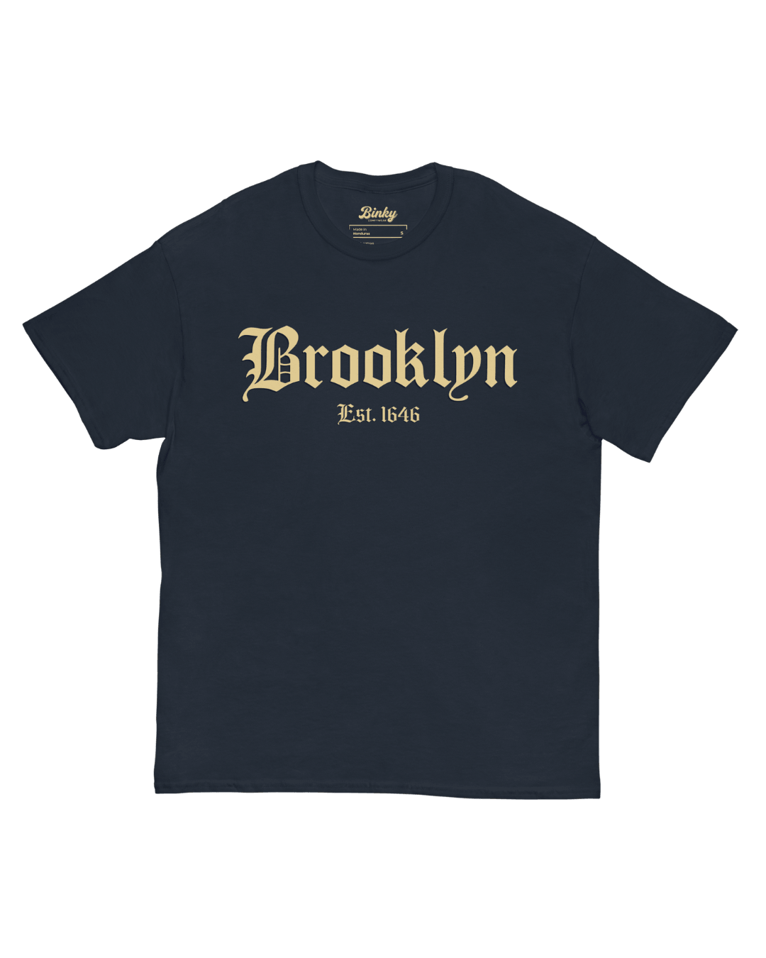 Brooklyn Est. 1646 T-Shirt in Navy with blackletter-style Dutch Roots front graphic
