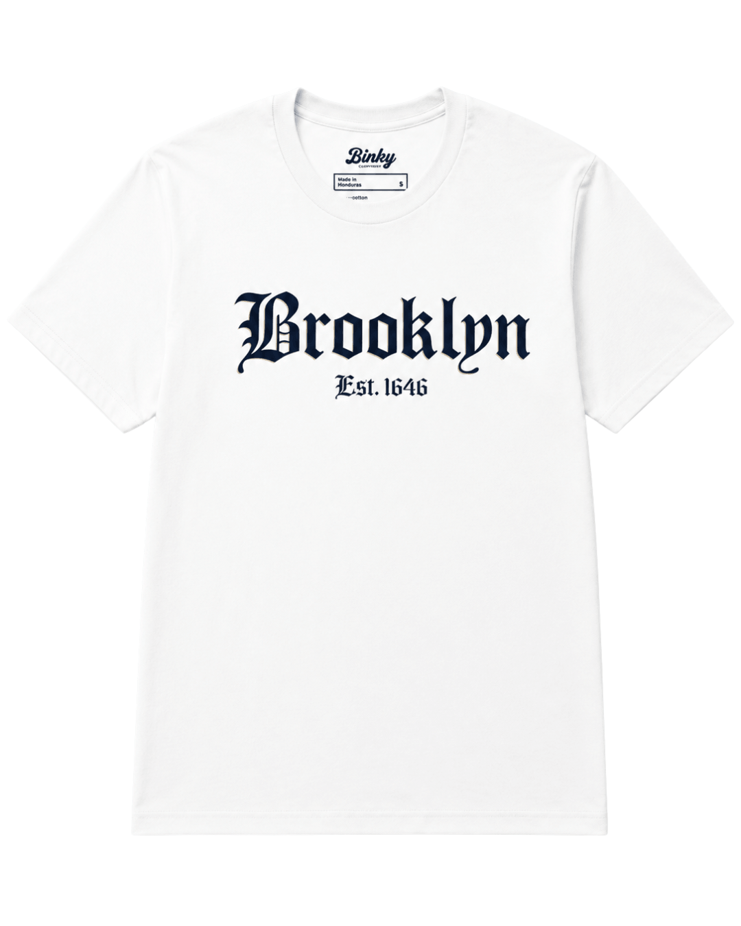 Brooklyn Est. 1646 T-Shirt | Dutch Roots Gothic in white, showcasing Dutch-inspired Gothic font design.