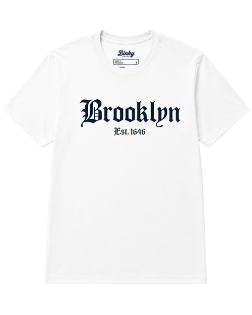 Brooklyn Est. 1646 T-Shirt | Dutch Roots Gothic in white, showcasing Dutch-inspired Gothic font design.