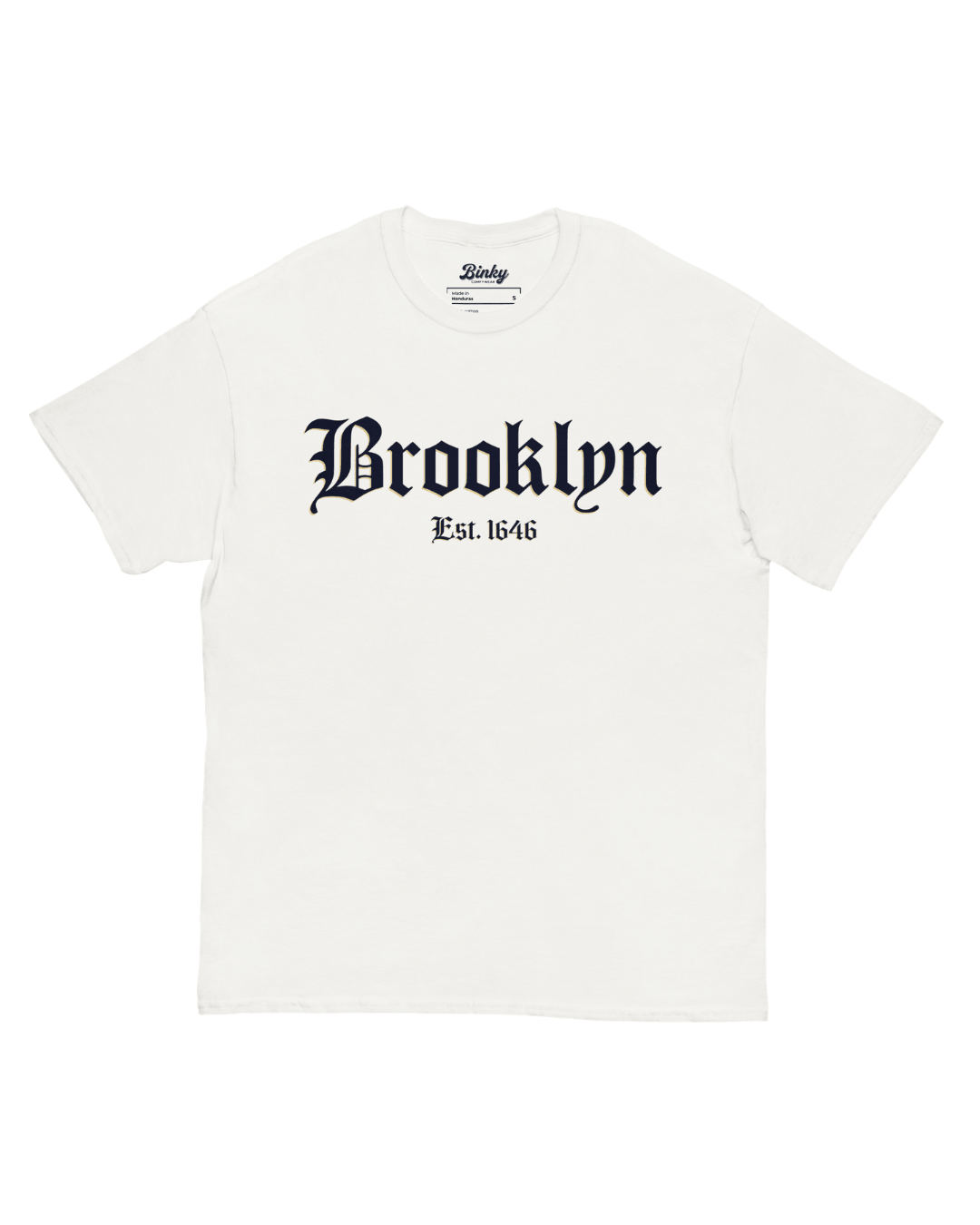 Brooklyn Est. 1646 T-Shirt in White with blackletter-style Dutch Roots front graphic