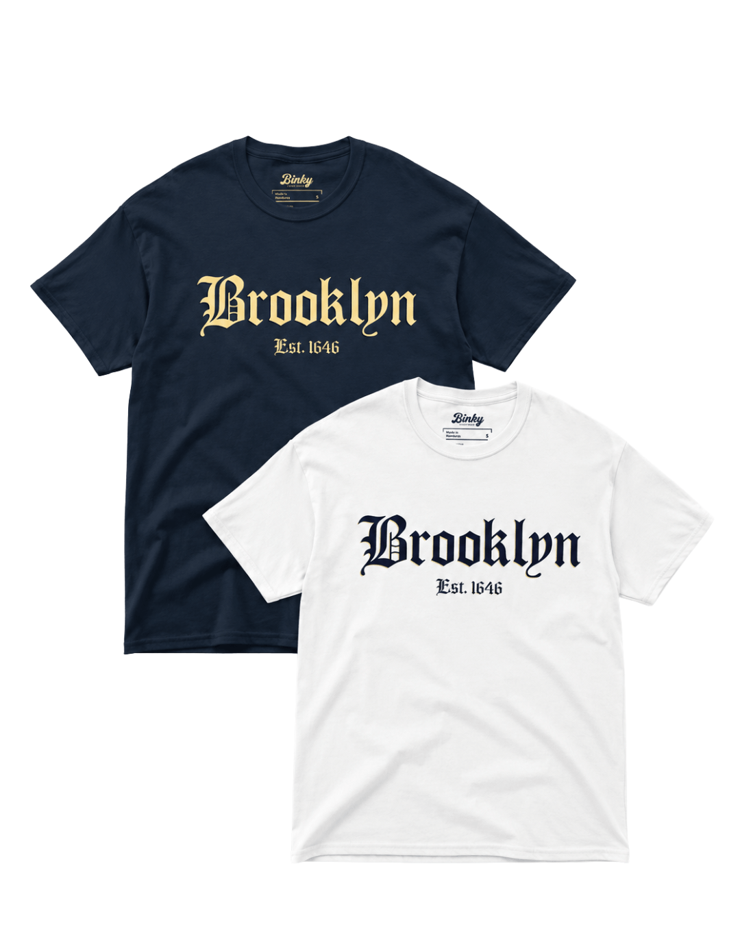 Brooklyn Est. 1646 T-Shirt | Dutch Roots Gothic in navy and white, showcasing Dutch heritage and Brooklyn's cultural roots.
