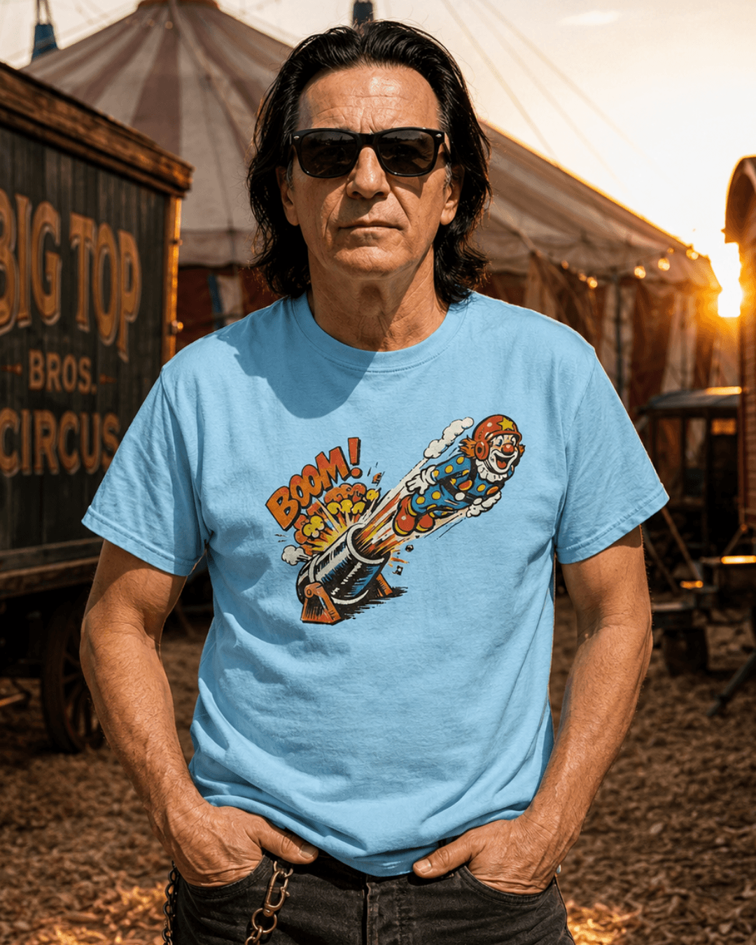 Man in a blue Cannonball Clown T-Shirt | Vintage Comic Bootleg, standing in front of a circus backdrop.