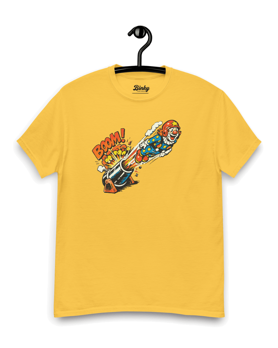 Cannonball Clown T-Shirt | Vintage Comic Bootleg featuring a colorful clown blasting from a cannon with a retro design.