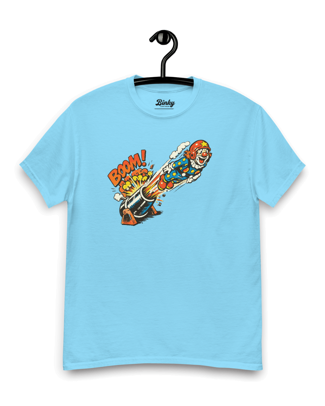 Cannonball Clown T-Shirt | Vintage Comic Bootleg featuring a clown being launched from a cannon with a comic style graphic.