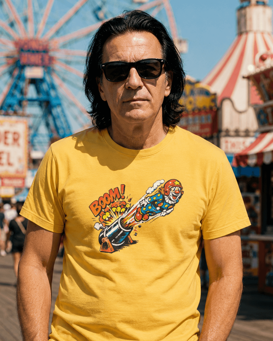 Cannonball Clown T-Shirt | Vintage Comic Bootleg worn by man at amusement park.