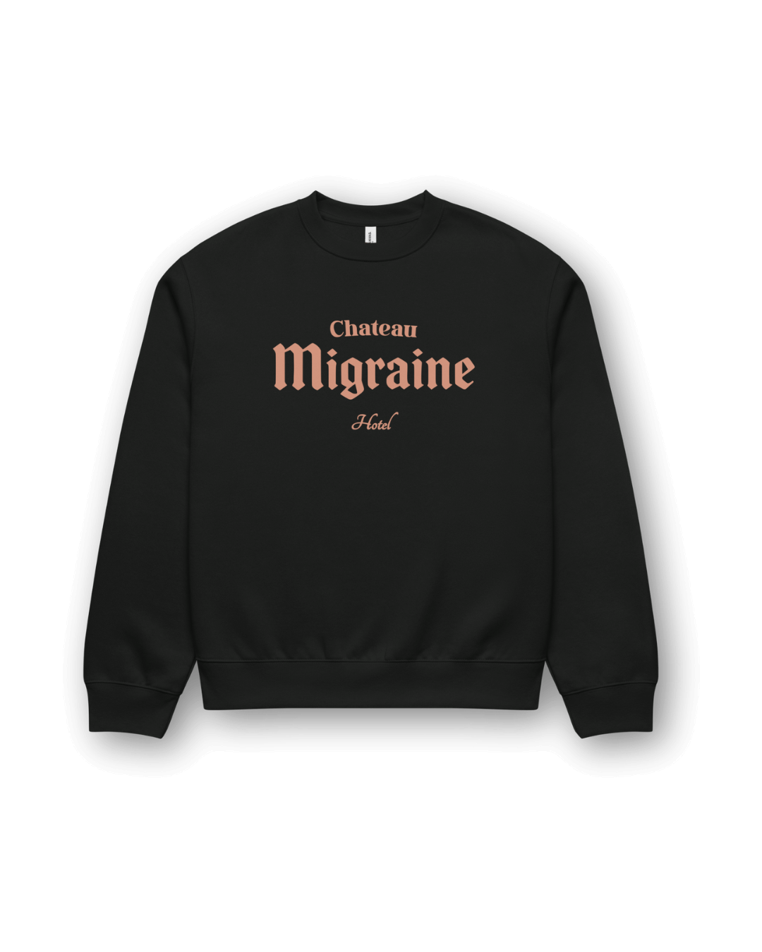 HOTEL MIGRAINE HEAVY SWEATER featuring Chateau Migraine Hotel graphic, ideal for retro ski & streetwear style.