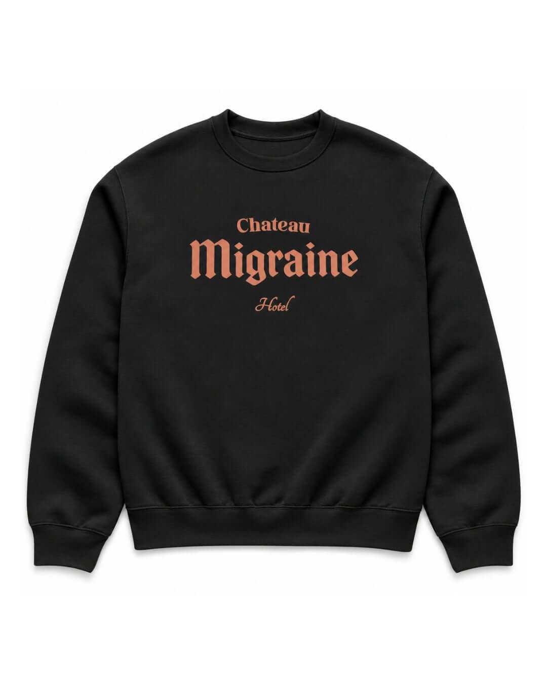BINKY Hotel Migraine Heavy Sweater in Vintage Black, front view with Chateau Migraine hotel-style graphic.