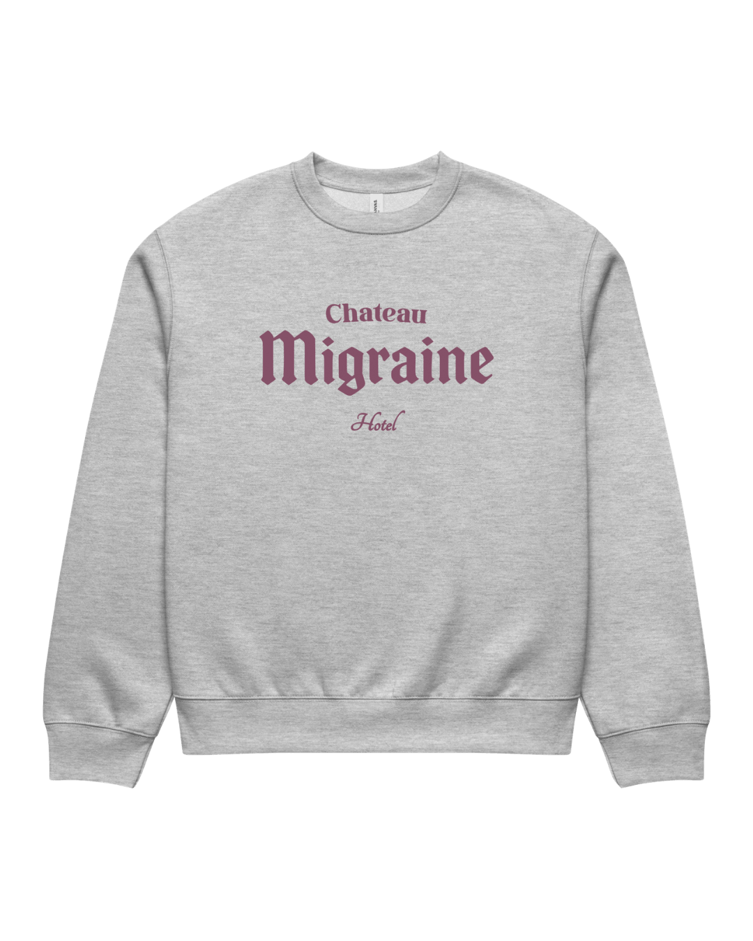 Hotel Migraine Heavy Sweater featuring Chateau Migraine Hotel design on a cozy gray sweatshirt.