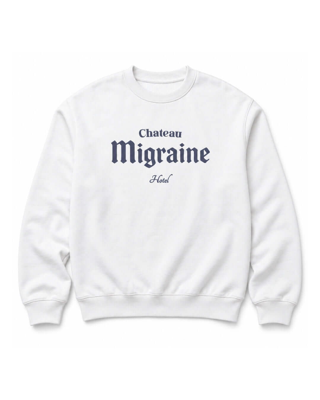 BINKY Hotel Migraine Heavy Sweater in White, front view with vintage Chateau Migraine typography.