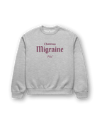 Hotel Migraine Heavy Sweater featuring Chateau Migraine graphic on a gray oversized sweatshirt.