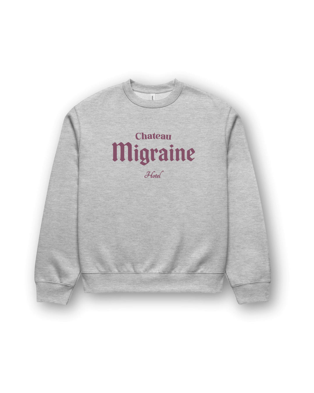 Hotel Migraine Heavy Sweater featuring Chateau Migraine graphic on a gray oversized sweatshirt.