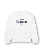 Hotel Migraine Heavy Sweater with Chateau Migraine graphic on a white background.