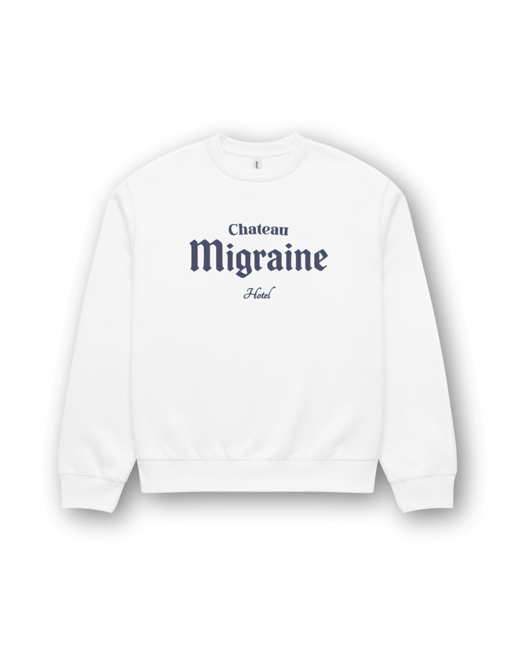 Hotel Migraine Heavy Sweater with Chateau Migraine graphic on a white background.