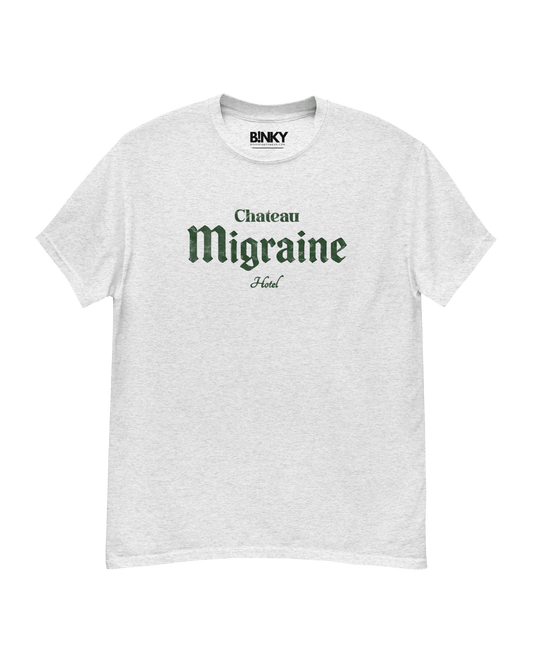 Chateau Migraine T-Shirt in gray with green text, soft organic cotton, perfect for fun nights out.