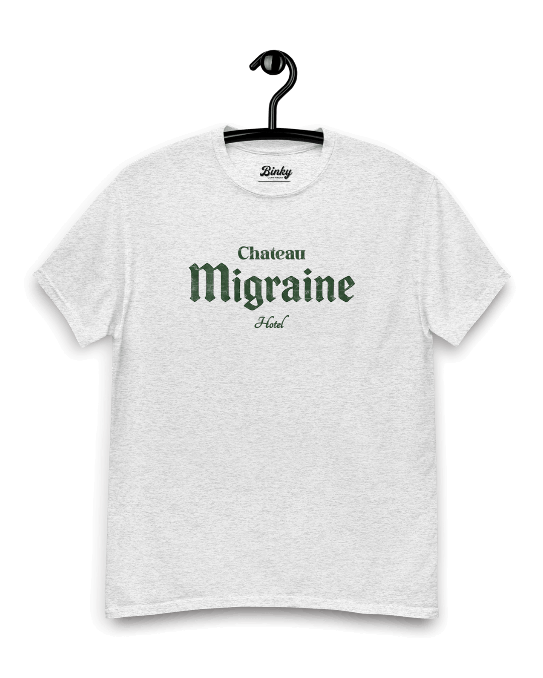 CHATEAU MIGRAINE T-SHIRT | GRAND CRU HANGOVER design featuring parody wine label text on a gray t-shirt.
