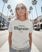 Model wearing CHATEAU MIGRAINE T-SHIRT in urban setting, showcasing premium soft cotton and relaxed fit.