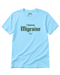 Chateau Migraine T-Shirt | Grand Cru Hangover on a light blue background, showcasing a humorous hangover theme.