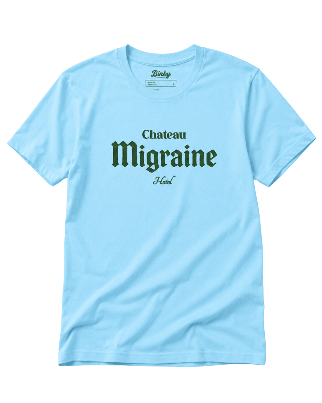 Chateau Migraine T-Shirt | Grand Cru Hangover on a light blue background, showcasing a humorous hangover theme.