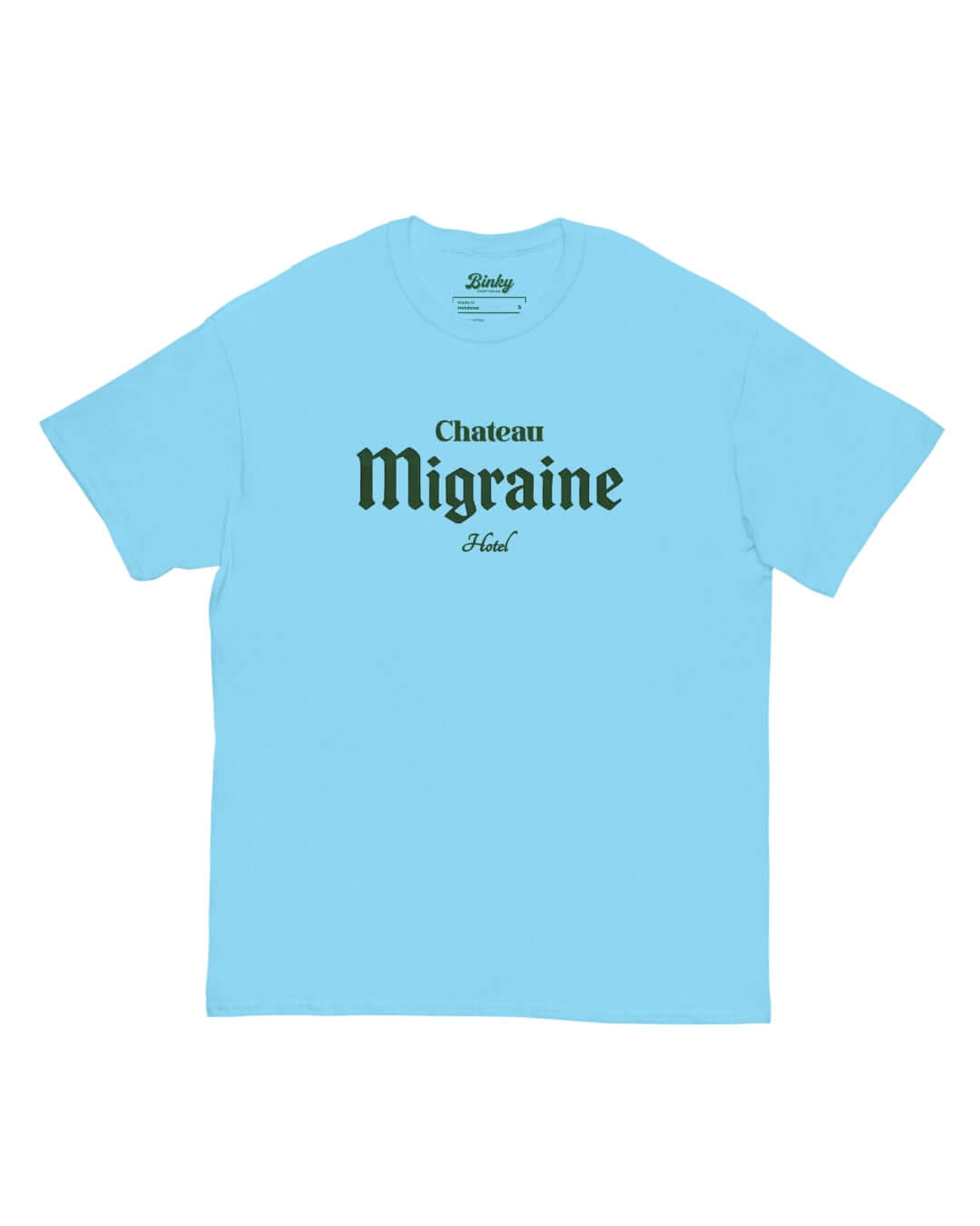 Chateau Migraine T-Shirt in Sky Blue with retro wine-label Grand Cru Hangover front graphic