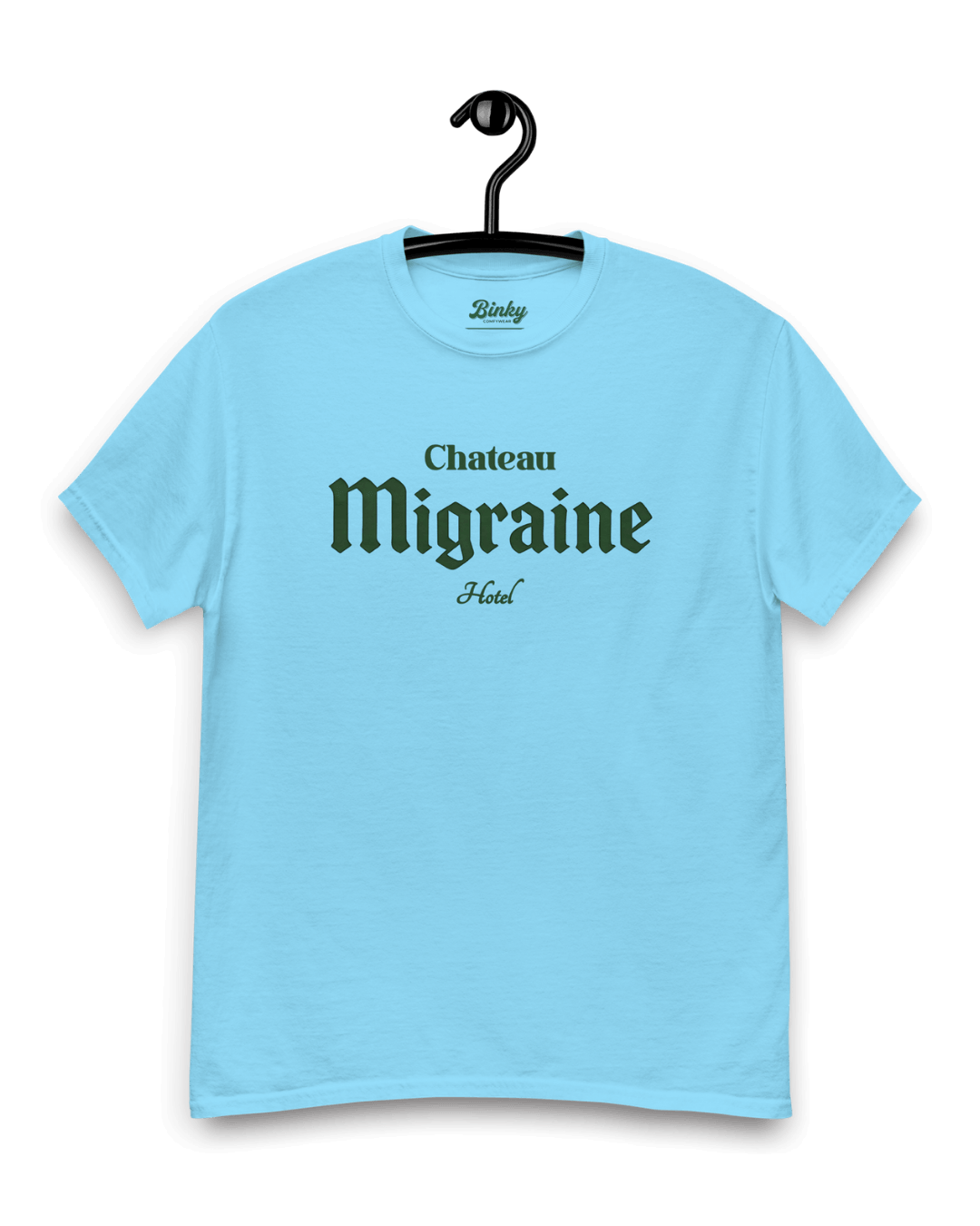 CHATEAU MIGRAINE T-SHIRT | GRAND CRU HANGOVER from Binky Comfywear on a hanger with a light blue background.
