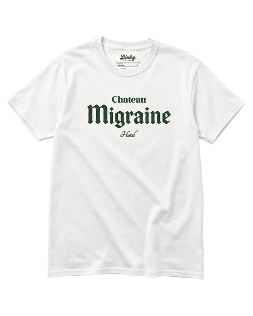 Chateau Migraine T-Shirt | Grand Cru Hangover featuring a humorous wine label design on a white tee.