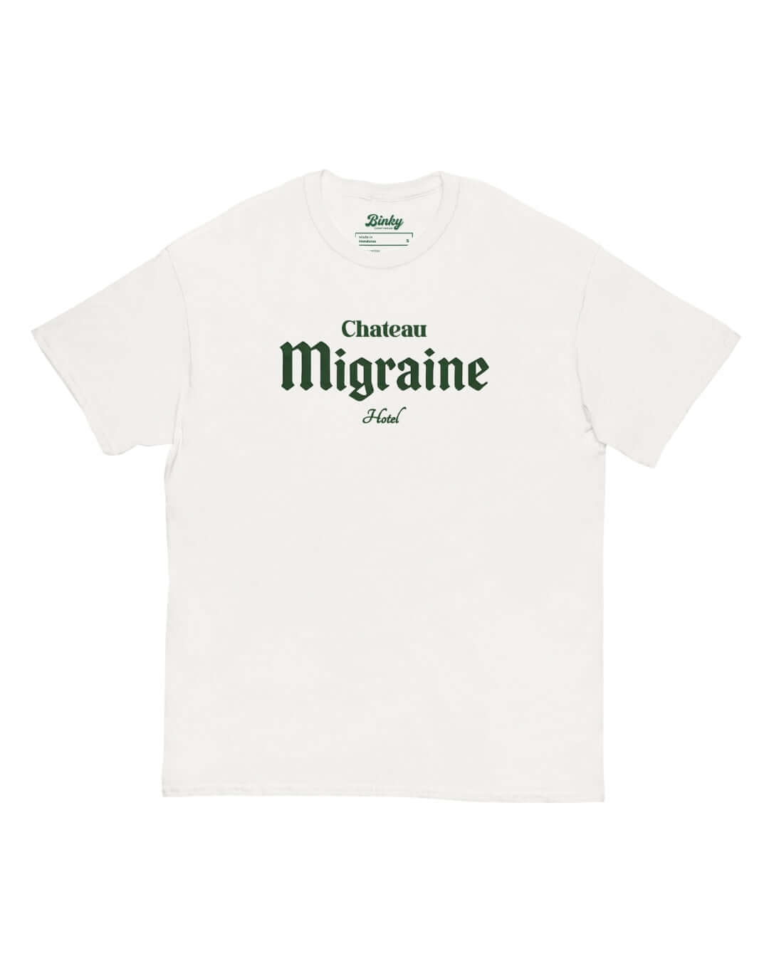 Chateau Migraine T-Shirt in White with retro wine-label Grand Cru Hangover front graphic