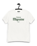 CHATEAU MIGRAINE T-SHIRT displayed on a hanger, showcasing its vintage wine-inspired design and relaxed fit.