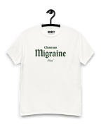 CHATEAU MIGRAINE T-SHIRT displayed on a hanger, showcasing its vintage wine-inspired design and relaxed fit.