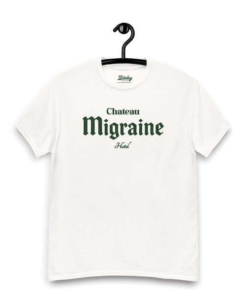 CHATEAU MIGRAINE T-SHIRT | GRAND CRU HANGOVER by Binky Comfywear, white t-shirt with stylish text design.