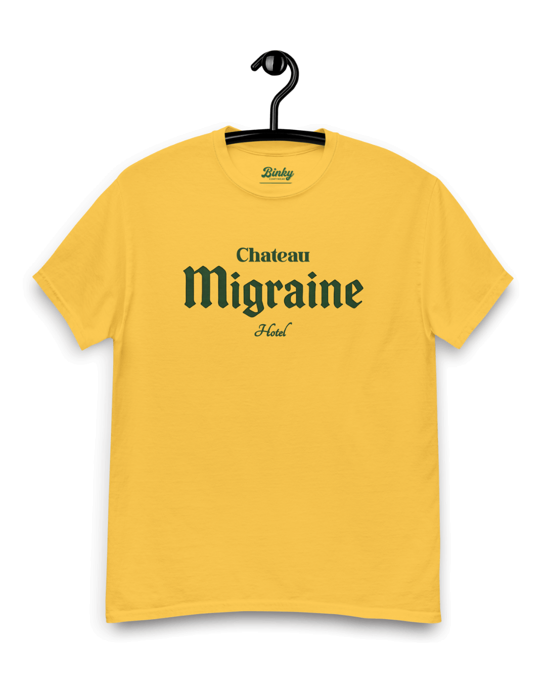CHATEAU MIGRAINE T-SHIRT | GRAND CRU HANGOVER from Binky Comfywear on a yellow background.