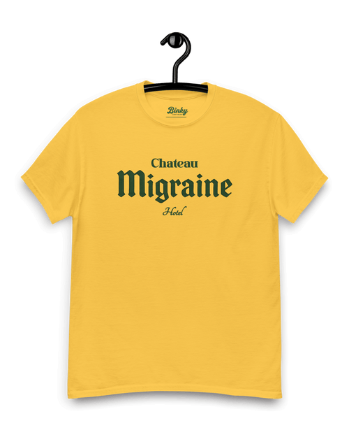 CHATEAU MIGRAINE T-SHIRT | GRAND CRU HANGOVER from Binky Comfywear on a yellow background.