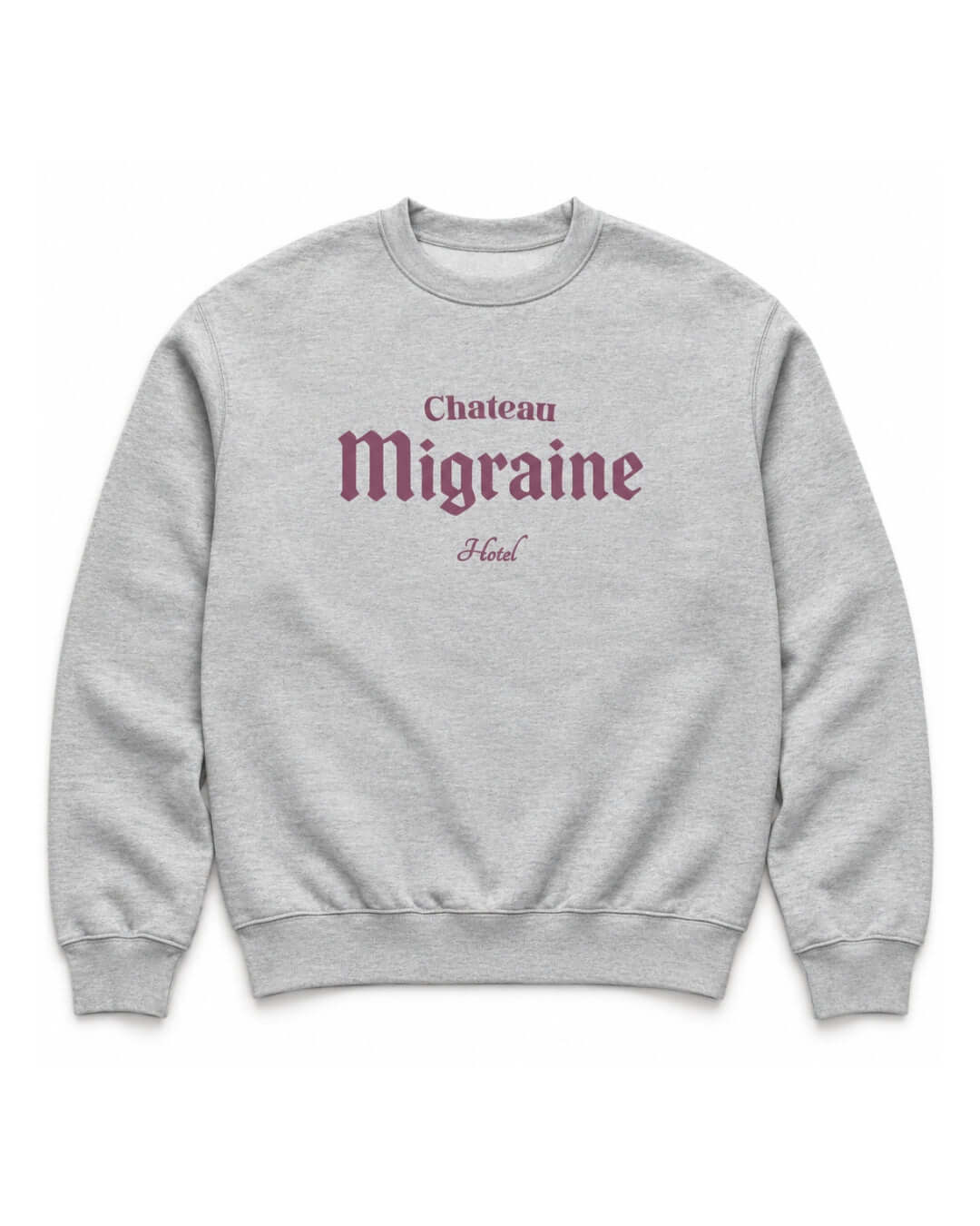 BINKY Hotel Migraine Heavy Sweater in Athletic Heather, front view with Chateau Migraine hotel graphic.
