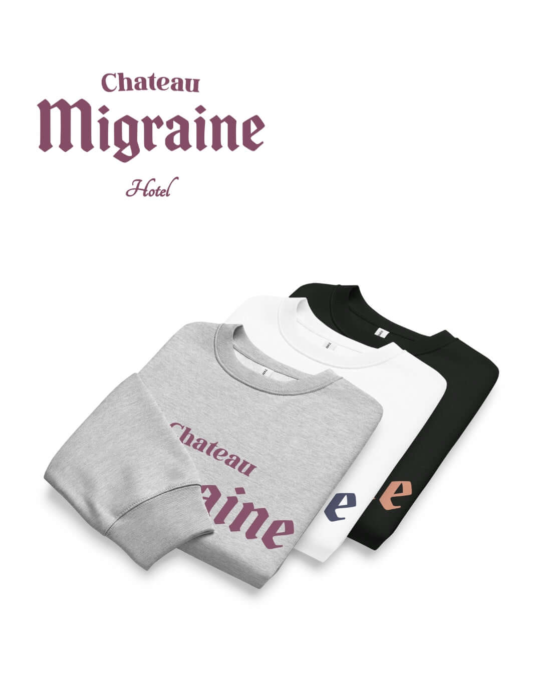 Hotel Migraine Heavy SweaterS featuring Chateau Migraine graphic on a gray oversized sweatshirt.