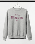 HOTEL MIGRAINE HEAVY SWEATER displayed on a hanger with graphic design in gray.