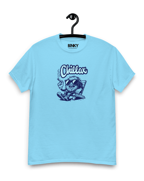 CHILLAX T-SHIRT in light blue with a relaxed character design, ideal for chilling and comfort by Binky Comfywear.